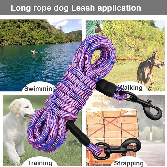 BTINESFUL 8/12/20/30/50/75ft Dog Tie-Out Long Tether Rope Dog Lead for Yard | Large Medium Dog Line for Outside Training, Playing, Camping, Backyard Leash (20ft, Pink Blue)