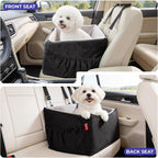 BurgeonNest Small Dog Car Booster Seat Bed Under 25 lbs (Black Grey) | Fully detachable & washable travel bed with side storage pockets and clip-on safety leash for cozy, portable car trips.