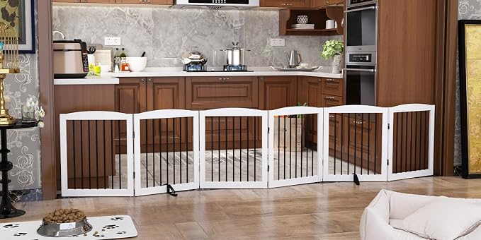 PUPETPO Freestanding Pet Gate for Dogs, Foldable Wooden Dog Gate for House, Extra Wide Indoor Pet Barrier for Stair, Doorway, Hall, Support Feet Included, 120 Inch Wide, 6 Panels 24", White