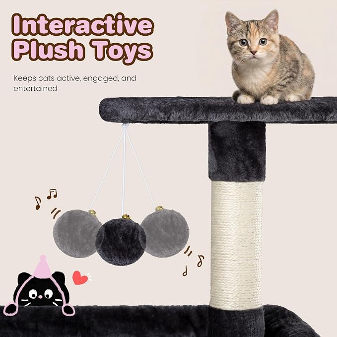 SHA CERLIN 82 inch Cat Tree Tower, Multi-Level Cat Condo with Plush Perches, Sisal Scratching Posts, Hammock and Toys, Stable Cat Tower for Kittens and Adult Cats, Dark Grey