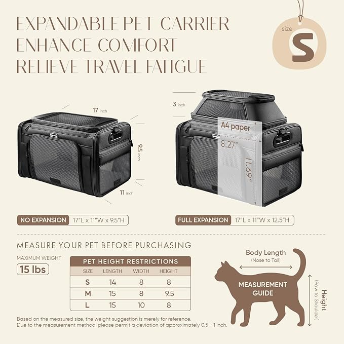 Top-Expandable Pet Carrier with Treat & Pet Window,17x11x9.5 Inch Alaska Hawaiian Airline Approved,Soft-Sided Dog Carrier for Small Dogs and Cats,Travel Cat Carrier with Locking Safety Zippers,Black