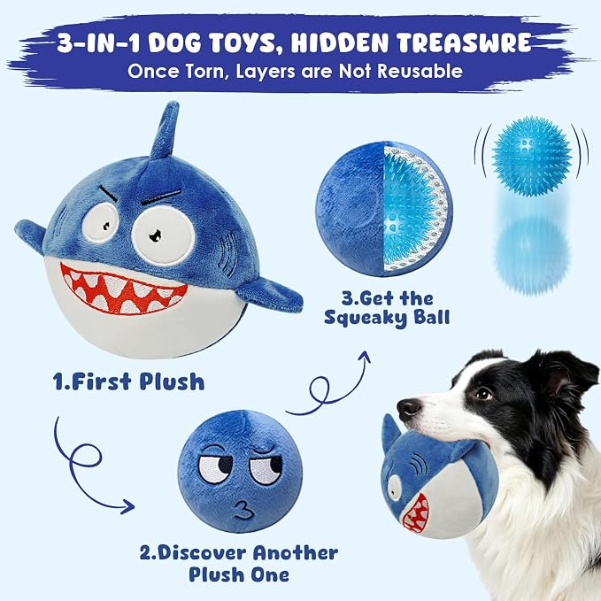 XIAPIA 3-in-1 Plush Shark Squeaky Dog Toys for Aggressive Chewers | No Stuffing Interactive Dog Toys, Hidden Squeaky Ball & Crinkle Paper, Chew Fetch Toy for Small Large Puppy, Birthday Gift