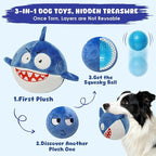 XIAPIA 3-in-1 Plush Shark Squeaky Dog Toys for Aggressive Chewers | No Stuffing Interactive Dog Toys, Hidden Squeaky Ball & Crinkle Paper, Chew Fetch Toy for Small Large Puppy, Birthday Gift
