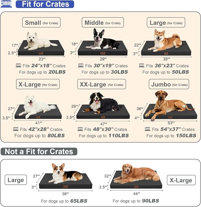 Outdoor Extra Large Dog Bed XXL for Giant Breed Dogs | Egg Crate Orthopedic Foam, Fits 48x30 Crates, TPU Waterproof Layer, Machine Washable 1680D Oxford Cover, Up to 110 lbs