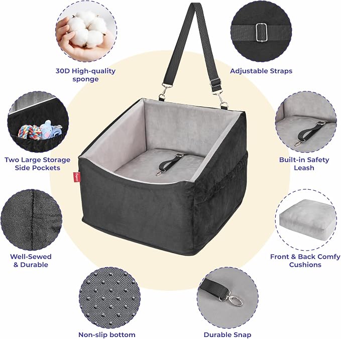 BurgeonNest Small Dog Car Booster Seat Bed Under 25 lbs (Black Grey) | Fully detachable & washable travel bed with side storage pockets and clip-on safety leash for cozy, portable car trips.