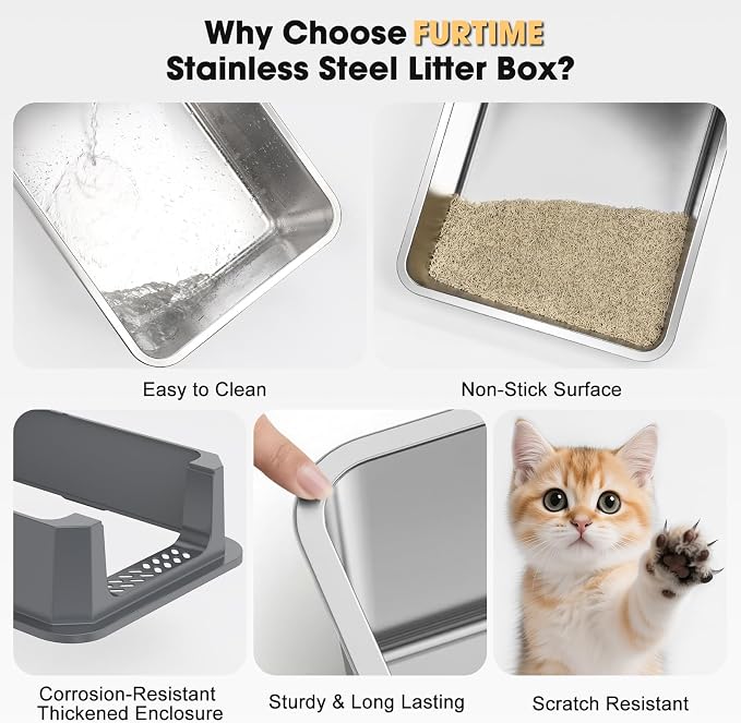 FURTIME Stainless Steel Cat Litter Box, Extra Large Cats Metal Litter Box | High-Sided Open-Top Easy-Clean Litter Pan, Non-Stick, Anti-Leakage, Odor-Free, Comes with Scoop & Mat, 23"×15"×10.5"