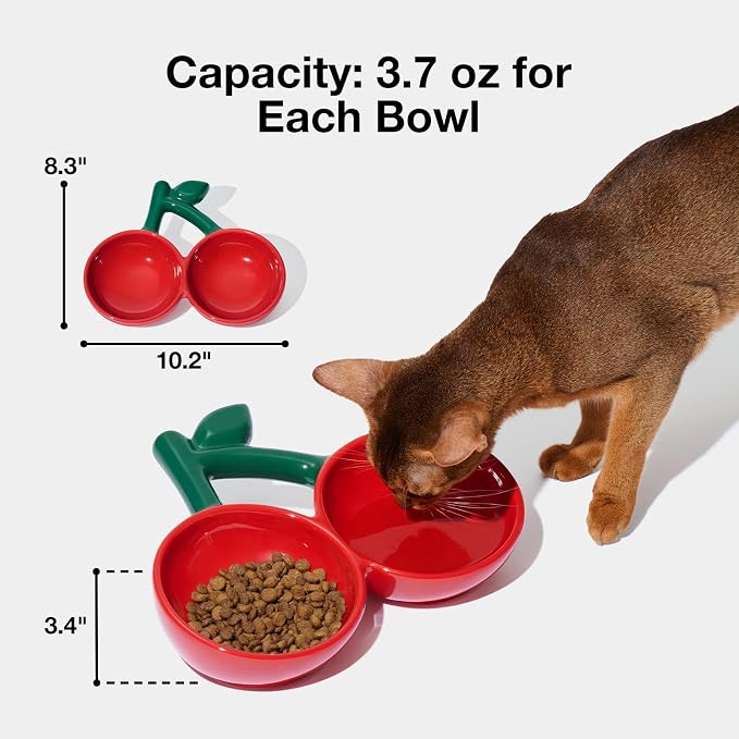 VETRESKA Ceramic Pet Bowl, Tilted Design Pet Feeder for Food and Water | Anti Vomit Cat Bowls for Indoor Cats Cute Cherry Cat Bowl Dishwasher Safe