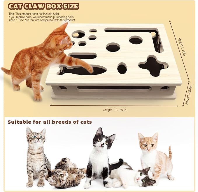Cat Scratch Puzzle Enrichment Box, Large Solid Wood with Sandpaper Inside | Cat Nail File Enrichment Box with Sandpaper Inside, Cat Nail File Box Stress Free Alternative to Clippers and Grinders