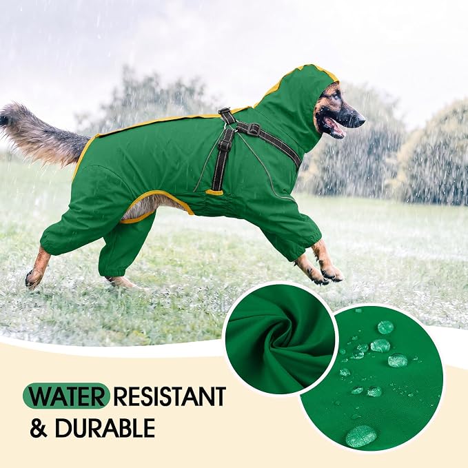Lelepet Large Dog Raincoat with Harness, Green, XXL | Waterproof full body for rainy walking hiking, Adjustable detachable hood for flexible wear, Reflective stripes ensure safety