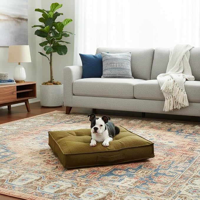 Indoor Dog Bed with Removable Washable Cover, Soft Basketweave Fabric, Reversible Cushion, Carry Handle, Baffle Construction to Help Prevent Fill Shifting, Moss - Small (24"x24")