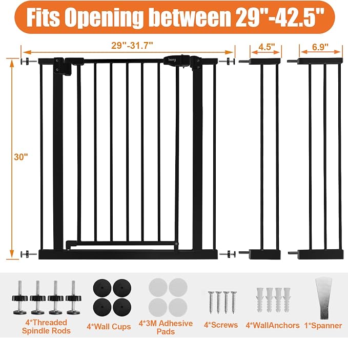 keny 29"-42.5" Baby Gate for Stairs, Auto Close Safety Dog Gate | Pressure Mounted Easy Walk Through Pet Gate for Doorways, Durable Stair Gate, 30" Tall, Black