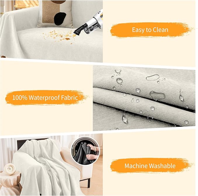 Deep Dream Cat-Scratch Resistant Couch Cover, Waterproof Sofa Cover for 3 Cushion Couch Washable, Pet Friendly Couch Protectors Anti Slip Thickened Sofa Slipcovers for Dogs Pets, 71" x 134", White