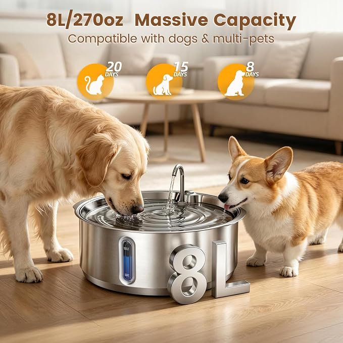 Invengo 8L/270oz Quiet Stainless Steel Dog Water Fountain, 2 Filters | 50% Thicker 6mm Steel, Dual Filters, 6-Layer Deep Purification, Under 25dB Whisper-Quiet Operation, 2 Flow Modes