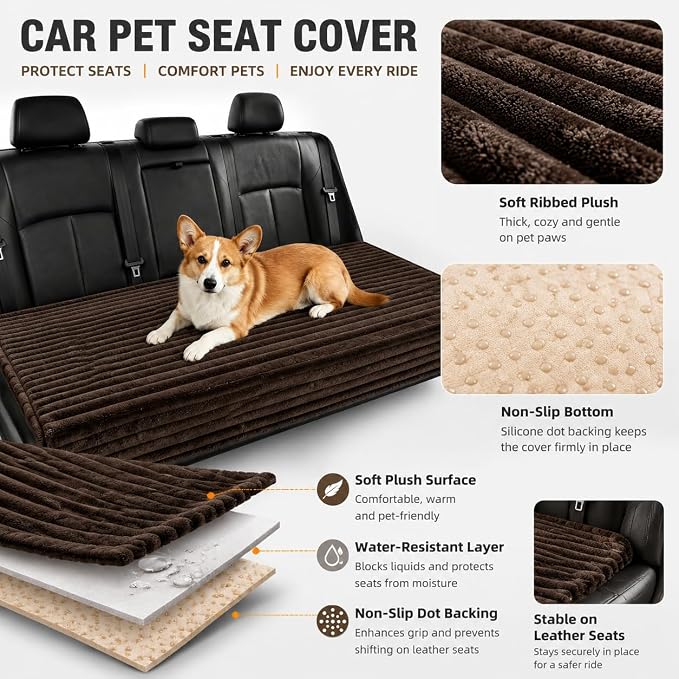 Dog Car Back Seat Bed Waterproof Non Slip Washable Pet Cover | Ultra-soft plush flannel pad soothes pet joint discomfort Vacuum compressed, heavy duty tear-resistant fabric(Brown)
