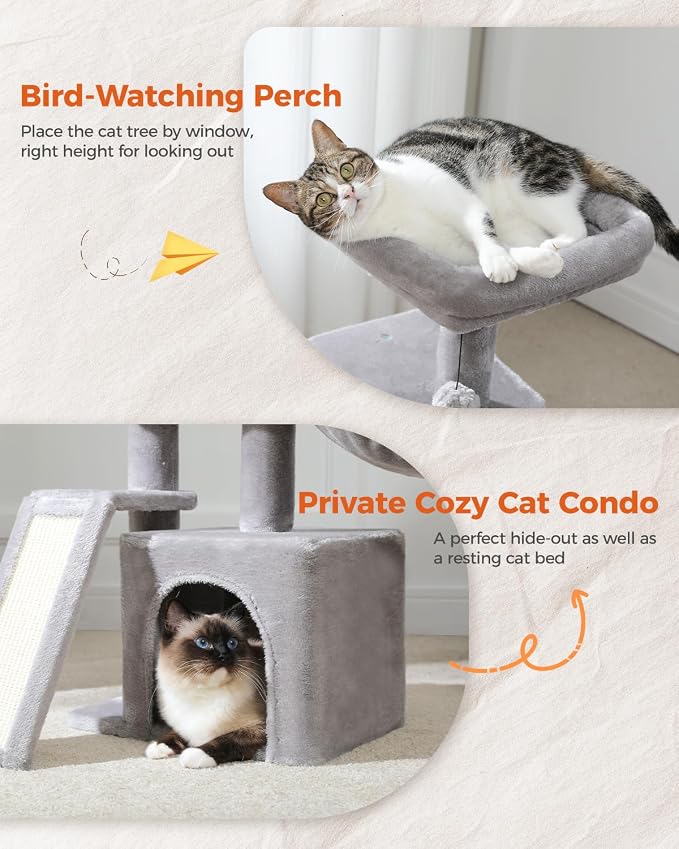 PETEPELA Small Cat Tree for Indoor Cats, 32'' Cute Cat Tower Cat Condo with Sisal Scratching Ramp, Cozy Hammock and Removable Top Bed Perch for Kittens, Grey | Compact 4-in-1: sisal scratching ramp, cozy hammock, condo & removable washable top bed; for...
