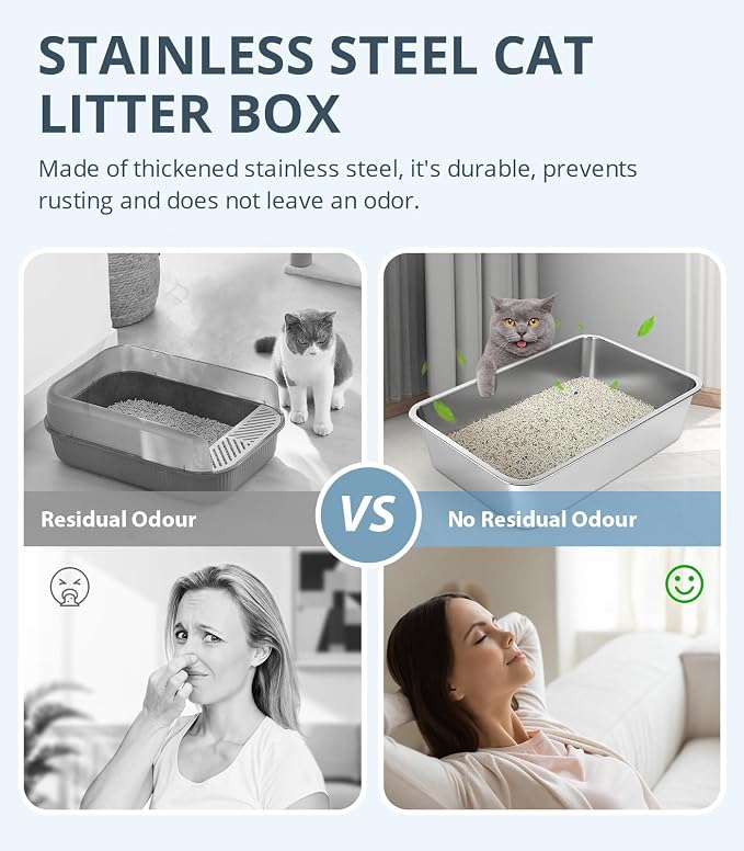 WENBOKMIN Stainless Steel Cat Litter Box - (19.5" L x 13.5" W x 4" H) | Non Slip, Easy to Clean, Never Absorbs Odor, Stains, or Rusts