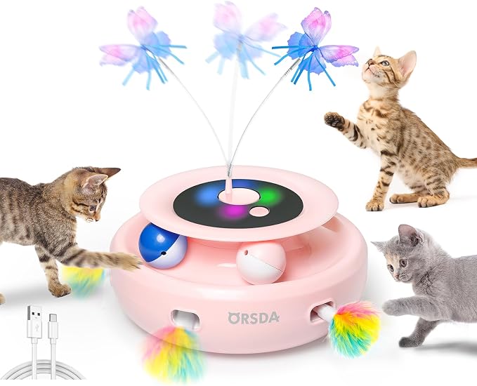 ORSDA Cat Toy, 3-in-1 Automatic Interactive Electronic Moving Ambush Feather, Fluttering Butterfly, Track Balls, USB Rechargeable Powered Smart Indoor Exercise Kicker
