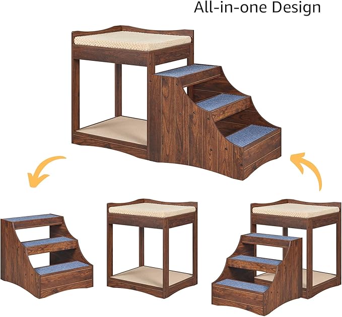 unipaws Pet Bunk Bed with Removable Step for Dog and Cat, Window Perch Seat | Multi-Level Bed with Cushion and Cat Scratch Pad, Indoor Use, Walnut