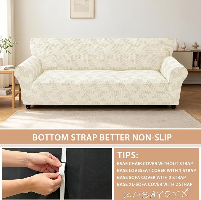 ZNSAYOTX Stretch Oversized Couch Covers for 3 Cushion Couch, 1-Piece Extra Large Sofa Cover Slipcover, Furniture Protector with Elastic Bottom Geometrical Jacquard Fabric (X-Large, Beige)