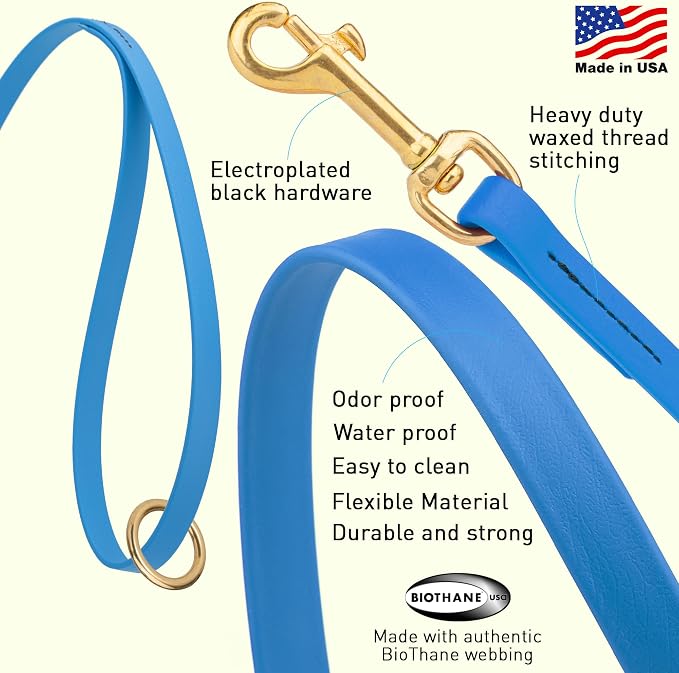 Viper Biothane K9 Working Dog Leash Waterproof Lead for Tracking Training Schutzhund Odor-Proof Long Line with Solid Brass Snap for Puppy Medium and Large Dogs 4ft, Cerulean Blue