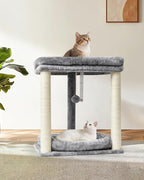 SYANDLVY Small Cat Tree with 2-Tier Perch Platforms, Scratching Post Tower | Natural Sisal, Hanging Bell Ball & Anti-Tip Strap, Modern Cat Furniture for Indoor Cats, Grey