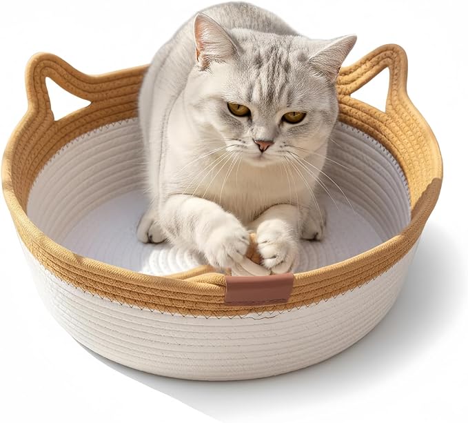 Instinct Basket for Cats - Handwoven Cotton Rope Enrichment Bed with Attached Toy Tail, Scratchable Interactive Pet Nest Features Flexible Walls to Fight Boredom & Protect Furniture (Brown, S)