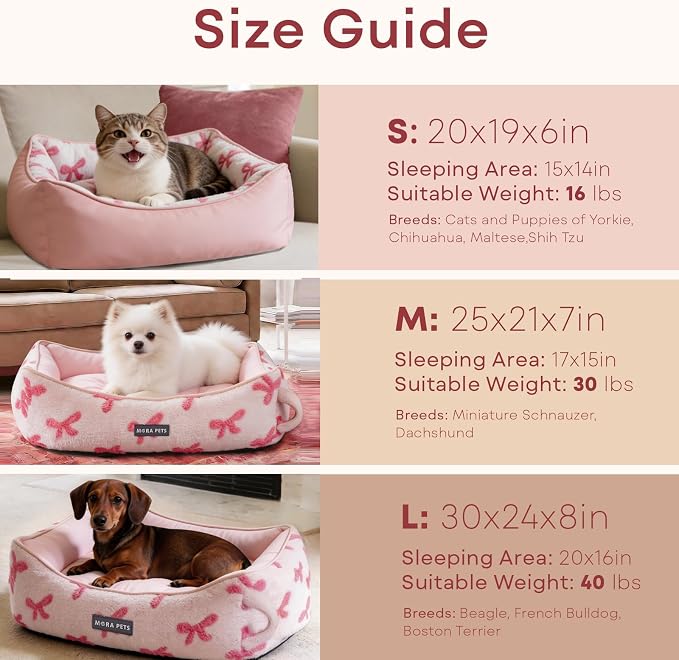 Mora Pets Reversible Pet Beds for Small Dogs Large Cat Bed Washable - Cool & Warm 2-in-1 Anti Anxiety Dog Bed for Summer, Rectangle Puppy Bed with Cute Pink Bow (25''x21''x7'')