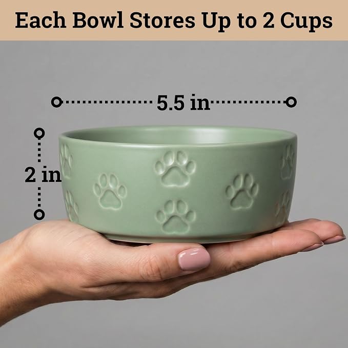 Ceramic Dog Bowl Set of 2 with Anti-Skid Base, 5.5"W x 2"H, 2 Cup Capacity | Thick Ceramic, Dishwasher Safe, Anti-Skid Rubber Base, 2 Cups per Bowl, Ceramic Food and Water Bowls Set of 2 for Small Dogs