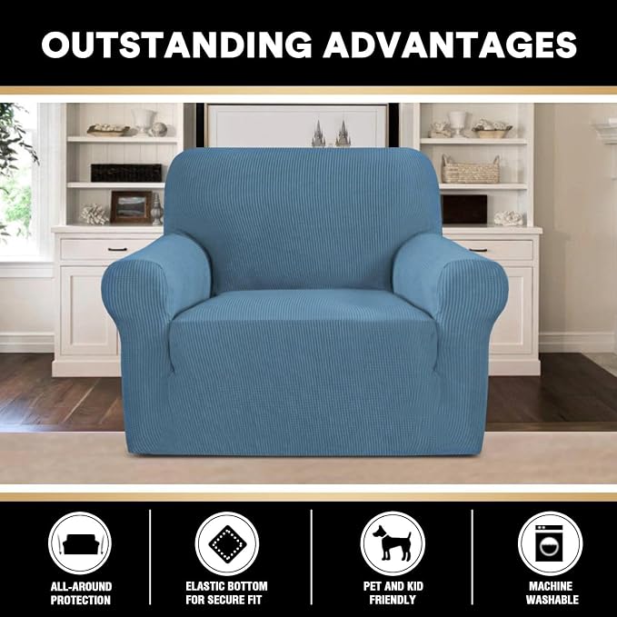 Stretch Chair Cover Chair Slipcovers with Arms 1-Piece Chair Sofa Slipcovers or Living Room Non Slip Armchair Cover Furniture Protector Dogs Pet Friendly(Armchair,Dusty Blue)