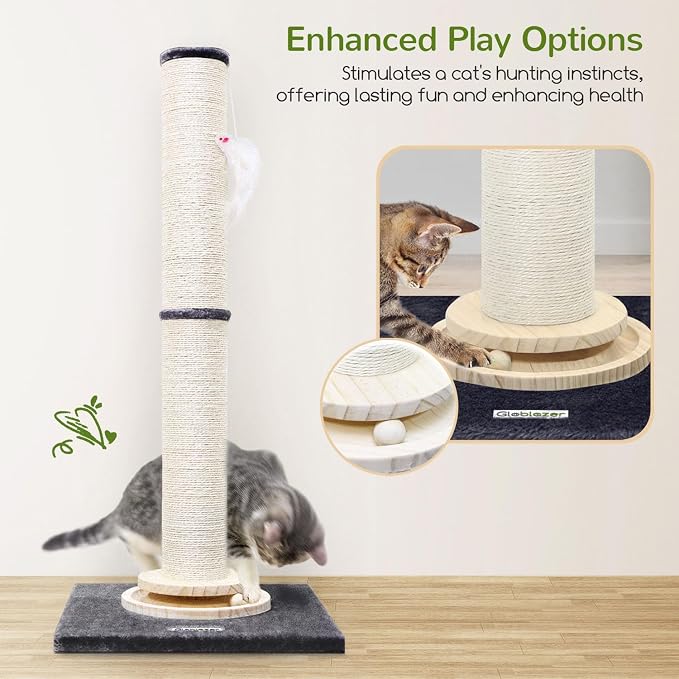 Globlazer 35in Tall 3.9-in Thick Cat Scratching Post for Adult Cats, SC35 | Durable Natural Sisal Rope, Solid Wood Track Ball Game, Interactive Hanging Toy, Enlarged Base, Custom Tier