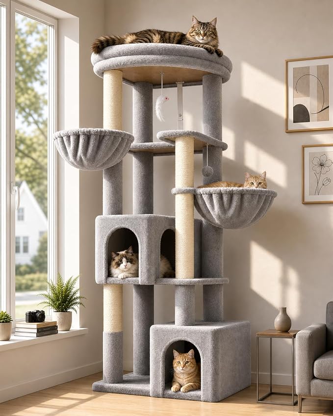 Globlazer C64 Heavy Duty Corner Cat Tree, 64in Large Cat Tower, Light Grey | Easy Setup, Maine Coon, Extra-Large Top Perch, 2 Condos, 2 Hanging Baskets, 4 Sisal Scratching Posts, Anti-Topple Strap