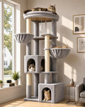Globlazer C64 Heavy Duty Corner Cat Tree, 64in Large Cat Tower, Light Grey | Easy Setup, Maine Coon, Extra-Large Top Perch, 2 Condos, 2 Hanging Baskets, 4 Sisal Scratching Posts, Anti-Topple Strap