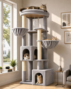 Globlazer C64 Heavy Duty Corner Cat Tree, 64in Large Cat Tower, Light Grey | Easy Setup, Maine Coon, Extra-Large Top Perch, 2 Condos, 2 Hanging Baskets, 4 Sisal Scratching Posts, Anti-Topple Strap