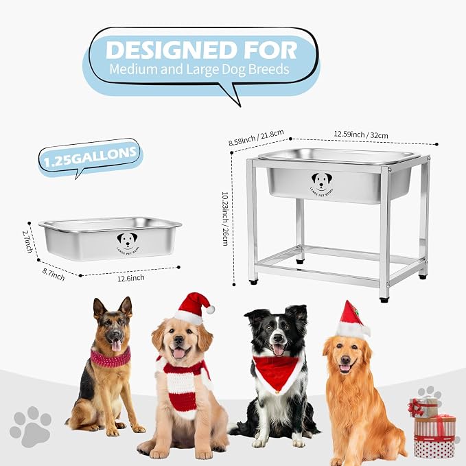 0.85 Gallon Elevated Large Dog Water Bowl, 10.23" Raised Stainless Steel Bowl for Medium Large Breed, Elevated Dog Water Bowl with Full Metal Stand, Easy to Clean and Assemble for Indoor Outdoor