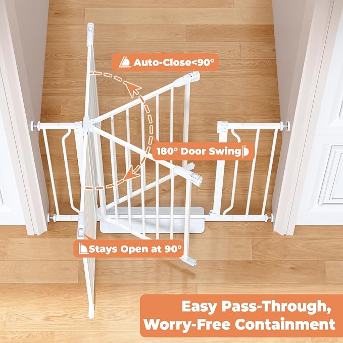 34" Tall Baby Gate No Drilling, Auto Close Dog Gate Indoor, White | for Doorways & Stairs, Pressure Mounted 29"-40" Wide Pet Gate, Easy Walk Through Stair Gate for Baby & Pet Stroller Friendly