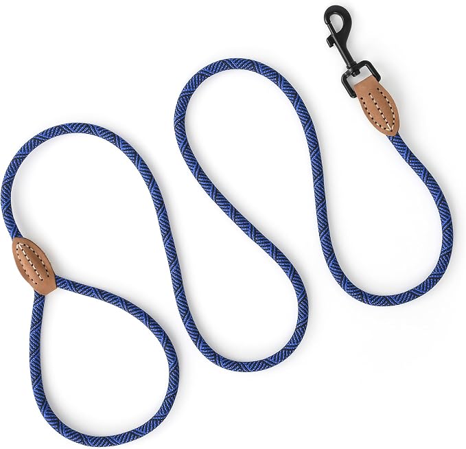 Mile High Life Thin Small Dog Leash with Genuine Leather Connection | Rope Leash, Heavy Duty 360° Swivel Metal Clasp, for Small Medium & Large Dogs (Blue, 72 Inch)