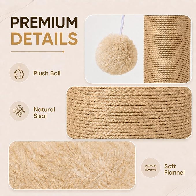 PAWSCRAT 32-Inch Tall Cat Scratching Post, 5.5-Inch Diameter, Sisal, Yellow | Natural Sisal Scratching Surface with a Dangling Ball for Indoor Cats, Scratch-Resistant Durable and Protect Your Furniture