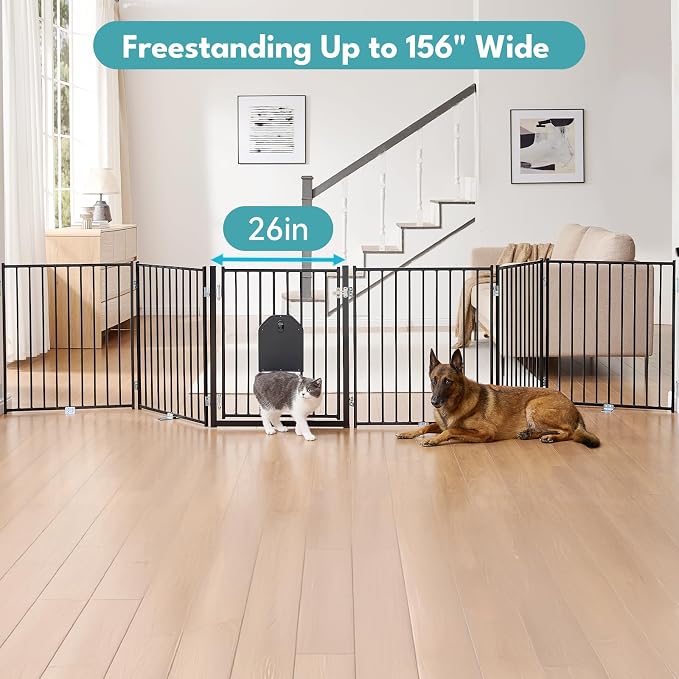 No Pawblems Full Metal Freestanding Dog Gate with Cat Door, 30" Tall | Foldable Pet Gate for Indoor/Outdoor, Zoned management, Dog Fence for Families with Multiple Pets, 156" Wide, 6 Panels, Black