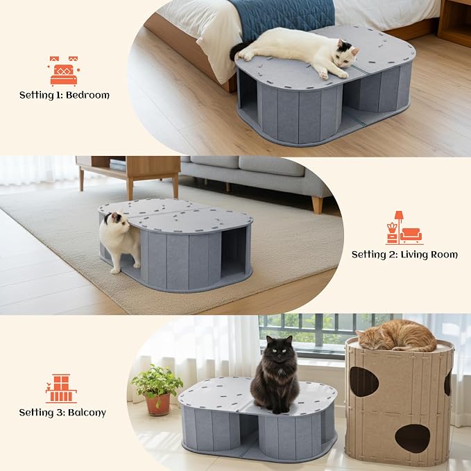 PETKARAY Large Felt Cat Tunnel, Double S-Shaped Hideaway for Indoor Cats, Interactive Cat Bed Cave and Hideout, 34x22.8x10.2 inches Grey