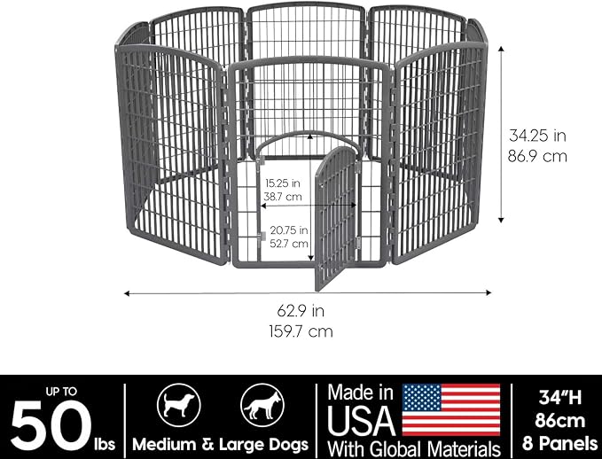 IRIS USA 8-Panel Dog Playpen, Pet Enclosure, Dark Gray | Pet Containment, Configurable Layout, Flexible Boundary, Multi-Shape Setup, Stable Non-Tip Base, Tool-Free Assembly