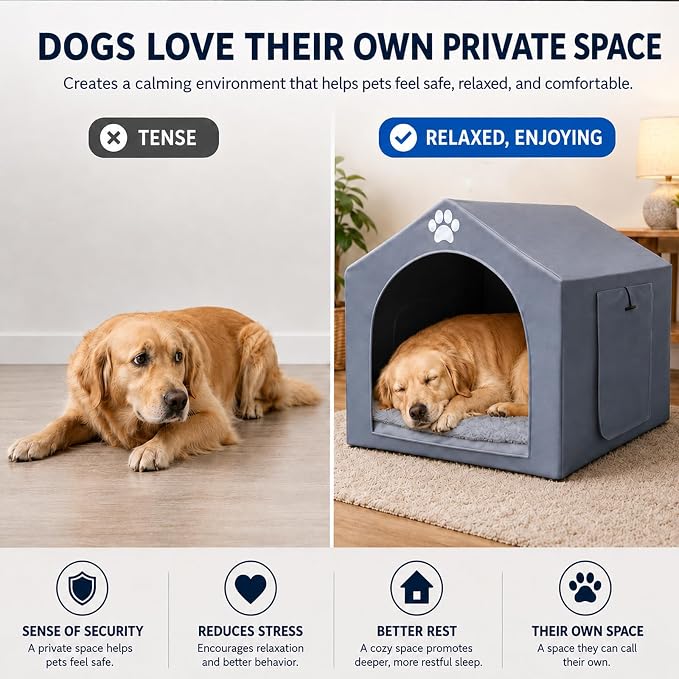 Dog House Indoor for Medium Dogs, 25 x 25 x 28 Inch Dog Tent with Reversible Cushion, Washable Foldable Pet House with Sturdy PVC Frame, Non-Slip Bottom & Roof Cover for 15-45 lbs Dogs and Cats, Gray