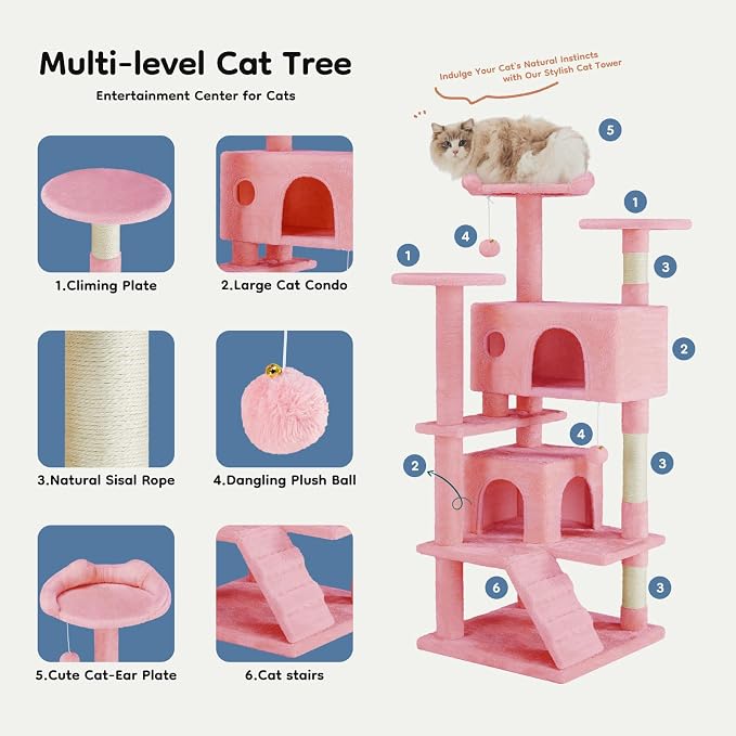 DUMOS 54 Inch Cat Tree Tower with Scratching Posts, Pink | Multi-Level Pet House for Large Cats with 2 Condos, Scratching Posts, Round Platform, Small Ladder and Toys