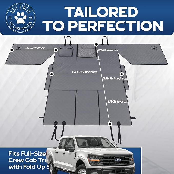 Ruff Liners XL Floor Cover with Door Protection, Gray – As Seen on Shark Tank – Fits Full‑Size Crew Cab Trucks with Fold‑Up Seats, Waterproof & Machine Washable – Sturdy XL Dog Hammock for Truck