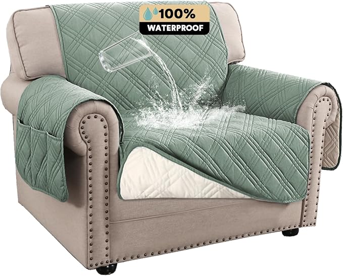 100% Waterproof Chair Sofa Slipcover for Living Room Water Resistant Couch Cover Furniture Protector Cover with Elastic Straps for Pets Kids Children Dog Cat(Chair 23", Lily Pad)