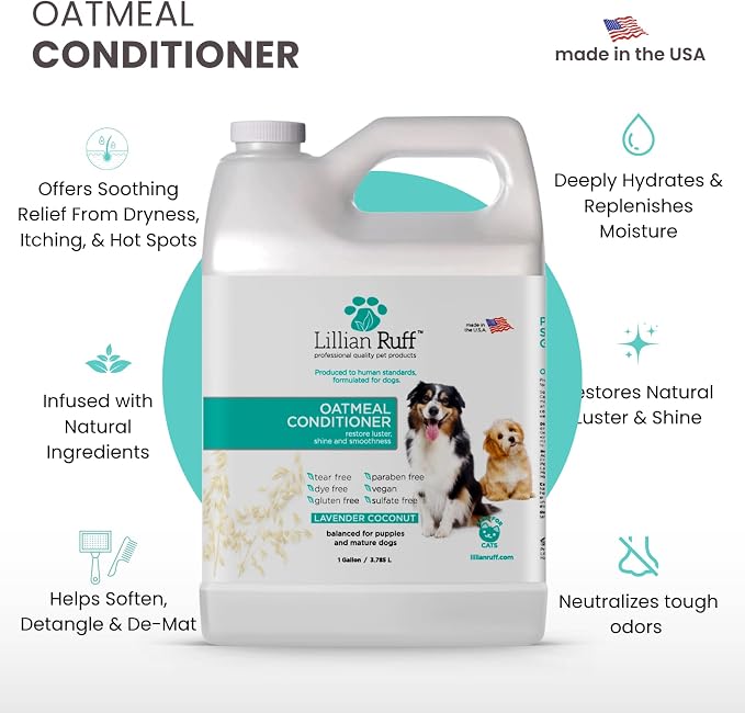 Lillian Ruff PRO Formula Oatmeal Dog Conditioner - Nourishing & Calming Relief for Allergies & Sensitive Skin - Detangles, Softens & Adds Shine with Oatmeal, Coconut Oil & Lavender - USA (Gallon+Pump)