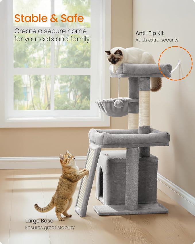 Feandrea Cat Tree, Cat Tower Condo Scratching Posts and Ramp, Dove Gray | 2 Large Perches, Cave, Basket, 33.8 Inches Tall, A Little Ball Dove Gray