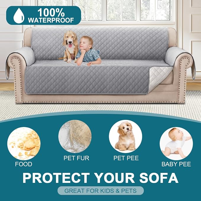 Turquoize 100% Waterproof Sofa Covers Couch Cover Sofa Cover for Dogs Couch Protector Triple Non-Slip Sofa Slipcover for 3 Cushion Couch Furniture Protector for Pets, Kids,Dog (XL Sofa 78", Dove Gray)