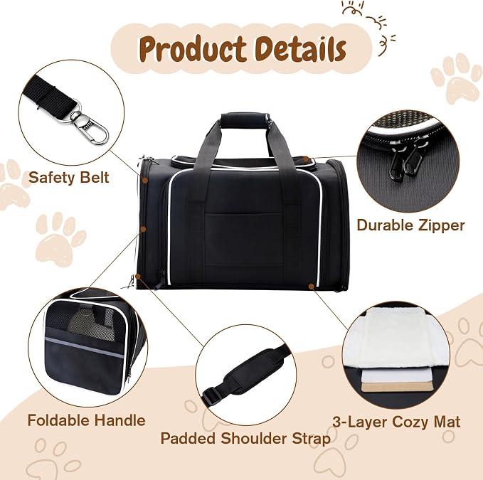 Double Expandable Cat Carrier,Airline Approved Soft-Sided Pet Travel Carrier for Small Dogs Cats Under 15 lbs,Waterproof 600D Oxford Fabric with Washable Replacement Liner,Odor-Free & Claw-Proof Black
