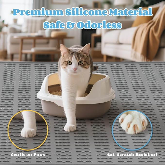 Cat Litter Mat, 47x35in Extra Large Litter Trapping Mat, Grey | XXL Cat Mat Fits 2-4 Litter Boxes, Silicone Litter Trapping Mat, Waterproof Raised Edges, Non-Slip Bottom, Easy Clean