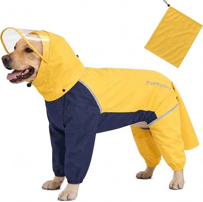 Full-Body Dog Raincoat with Detachable Hood, Waterproof Reflective Dog Rain Jacket with Tail Cover, Adjustable Fit and Leash Portal for Rainy Walks, Bright Yellow, X-Large